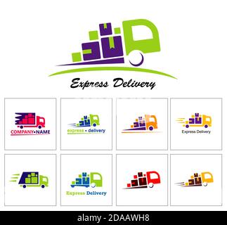 Set Farbe Logo schneller Versand. Flaches Vektor-Symbol des Lieferwagens isoliert auf Weiß. Express Delivery Icon Konzept für Websites. Stock Vektor