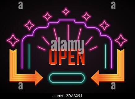 Offene Schilder mit Pfeilen und Neonlicht Banner Stock Vektor