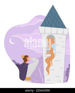 Prinz und Prinzessin mit langen Haaren im hohen Turm Stock Vektor