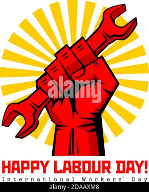 Happy Labor Day Vektor-Label mit starken roten Faust mit Schraubenschlüssel. Happy Labor Day, Workers' Day, May Day Poster oder Grußkarte. Abbildung, Vektor Stock Vektor