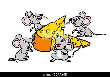 Vier kleine Mäuse fanden ein großes Stück Käse. Lustige Vektor-Illustration auf transparentem Hintergrund Stock Vektor