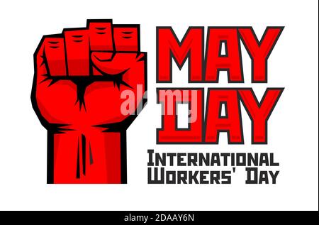 Grußkarte zum 1. Mai zum Internationalen Arbeitertag. 1. Mai - Symbol des revolutionären Protests ist rot geballte Faust angehoben. Abbildung, Vektor Stock Vektor