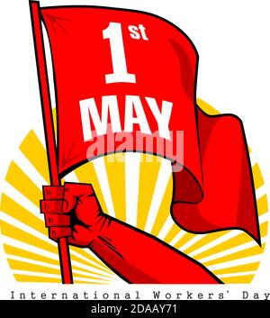 Happy Labor Day Vektor-Label mit starken roten Faust mit roter Flagge auf Sonnenaufgang Hintergrund. Happy Labor Day, Workers' Day, May Day Poster oder Grußkarte Stock Vektor