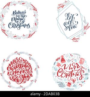 Vektor-Set Sammlung von handgezeichneten Weihnachtskränze mit Weihnachten Text. Tannenzweige, rote Beeren, Blätter und andere Elemente. Runder Rahmen für den Winter Stock Vektor