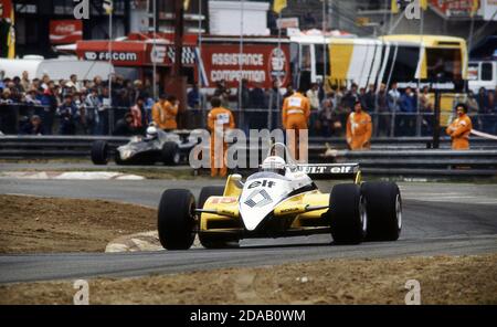 Alain Prost in Renault beim Grand Prix von Belgien bei Zolder 1982 Stockfoto