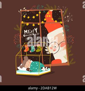 Cartoon Santa Claus Blick durch das Fenster auf schlafende Mädchen Stock Vektor