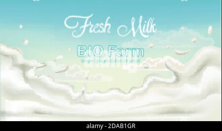 Spritzt frische Milch aus Bio-Fam mit blauem Himmel im Hintergrund. Für Text platzieren. 3D-Modellierung der Produktplatzierung. Vektor Stock Vektor