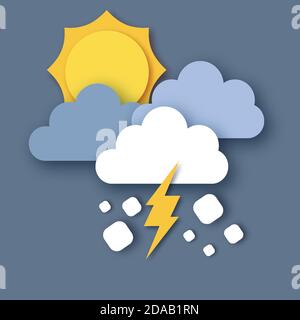 Hagel Sturm. Sonne, Regenwolken und Blitzschlag. Papier geschnitten Wetter. Sturmzeit. Stock Vektor