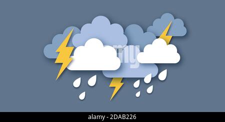 Regenwolken und Blitzschlag. Papier geschnitten Wetter. Sturmzeit. Regentropfen und Donner. Stock Vektor