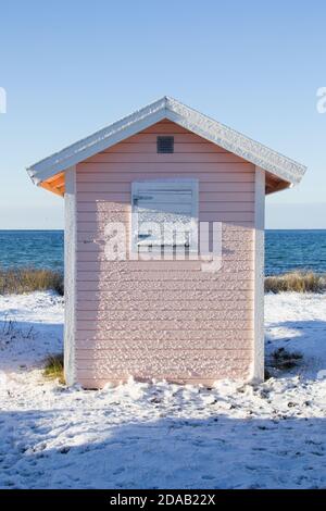 Bonbonfarbene Strandhütte, die den schneebedeckten Strand von Skanor schmückt Im Süden Schwedens Stockfoto