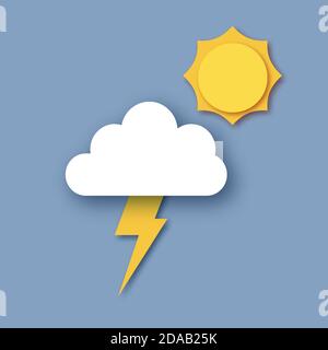 Sonne mit Regenwolken und Blitz. Papier geschnitten Wetter. Sturmzeit. Stock Vektor
