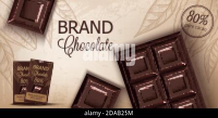 Schokoriegel und Verpackung im Retro-Hintergrund. Für Text platzieren. Realistische 3D-Modellierung der Produktplatzierung. Vektor Stock Vektor