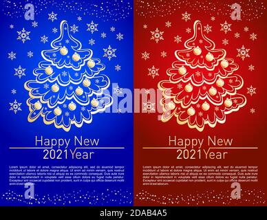 2021 Neujahrsgrusskarte mit stilisiertem Weihnachtsbaum, Schneeflocken und Dekorationen auf rotem und blauem Hintergrund. Vektor goldene Linie illustratio Stock Vektor