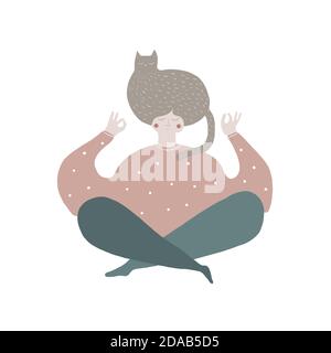 Frau, die Morgenyoga und Meditation tut.Yoga Zeit. Sport, Aktivitätskonzept für Design. Lotus-Position mit gekreuzten Beinen sitzende Meditationshaltung Stockfoto