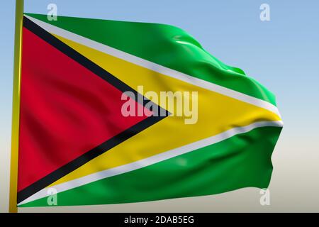 3D-Darstellung der Nationalflagge von Guyana auf einem Metallfahnenmast, der gegen den blauen Himmel flattert.Landsymbol. Stockfoto