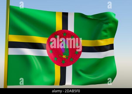 3D-Darstellung der Nationalflagge von Dominicana auf einem Metallfahnenmast, der gegen den blauen Himmel flattert.Landsymbol. Stockfoto