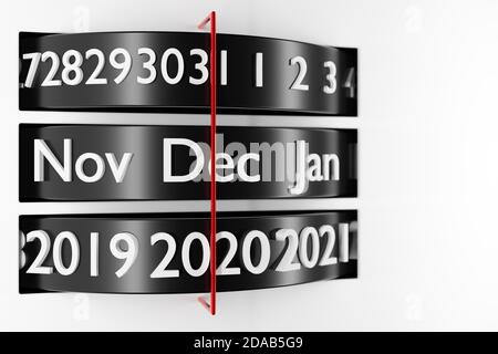 3D Illustration schwarzer Streifenkalender mit 12 Monaten, 31 Tagen und 2021 Jahren auf weißem Hintergrund. Moderner Kalendermonat . Stockfoto