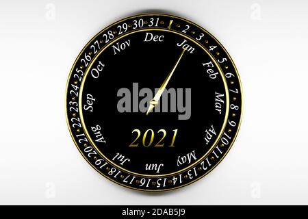 3D Illustration schwarzer Rundtaktkalender mit 12 Monaten, 31 Tagen und 2021 Jahren auf weißem Hintergrund. Runder Kalendermonat . Stockfoto