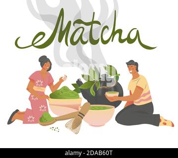 Verpackungsdesign für Matcha Tee oder Teehaus Karten, Vektor-Illustration. Stock Vektor