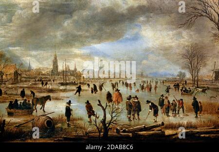 Flussblick im Winter 1655 Aert van der Neer 1603/4-1677, Niederlande, Niederländisch. Stockfoto