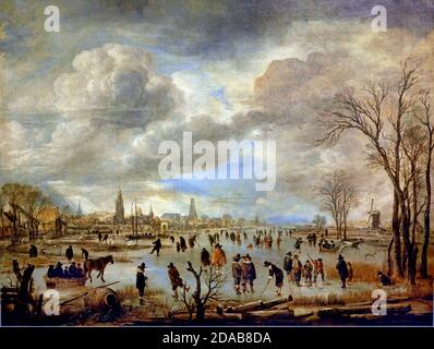 Flussblick im Winter 1655 Aert van der Neer 1603/4-1677, Niederlande, Niederländisch. Stockfoto