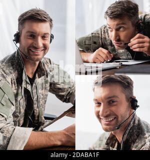 Collage von fröhlichen militärischen Mann lächeln und sprechen im Mikrofon Auf dem Headset in der Nähe des Laptops Stockfoto