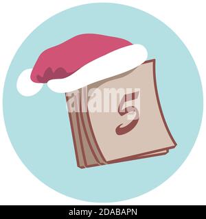 Weihnachtskalender mit 5. Tag und Weihnachtsmann Hut. Niedlicher Kritzelkritzel. Stock Vektor