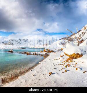Atemberaubende Winterlandschaft mit viel Schnee im kleinen Fischerdorf und verschneiten Berggipfeln in der Nähe von Valberg. Lage: Valberg, Vestvavoy, Lofoten Stockfoto
