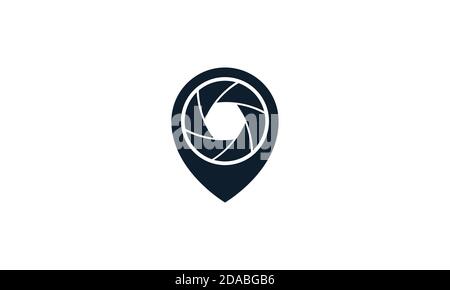 Kartenposition mit Kamera-Shutter-Fotografie-Logo-Vektor-Symbol Illustrationsdesign Stock Vektor