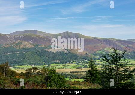 Blick vom Whinlatter Forest in Richtung Skiddaw im Herbst Lake District National Park Cumbria England Großbritannien GB Großbritannien Stockfoto