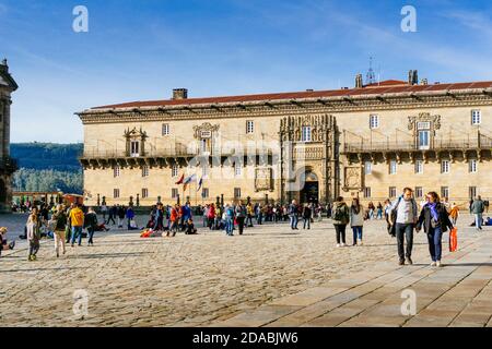 Hospital de los Reyes Católicos, in der Regel das Hotel/Hostal de los Reyes Católicos genannt und auch historisch als das Königliche Krankenhaus von Santiago bekannt, Stockfoto