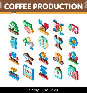 Kaffee Produktion Isometrische Symbole Set Vektor Stock Vektor