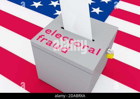 3D-Darstellung des Wahlbetrugs auf einer Wahlurne, mit US-Flagge als Hintergrund. Stockfoto