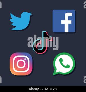 tik tok und soziale Netzwerke Symbol auf schwarzem Hintergrund, flachen Stil, Vektor-Illustration gesetzt Stock Vektor