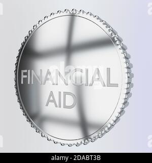 3D-Illustration des TEXTES DER FINANZIELLEN HILFE auf einer Silbermünze, isoliert über einem hellgrau-blauen Gradienten. Stockfoto