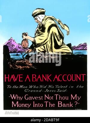 Plakat der YMCA-Kampagne „National Thrift Week“ im Jahr 1920, die Menschen ermutigt, ein Bankkonto zu nutzen. QUELLE: GLASSCHIEBER Stockfoto