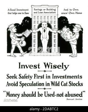 Plakat der YMCA-Kampagne „National Thrift Week“ im Jahr 1920, die Menschen ermutigt, klug zu investieren und Spekulationen zu vermeiden. QUELLE: GLASSCHIEBER Stockfoto