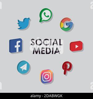 Symbol für Social-Media-Logos auf grauem Hintergrund, isometrischem Stil, Vektordarstellung Stock Vektor