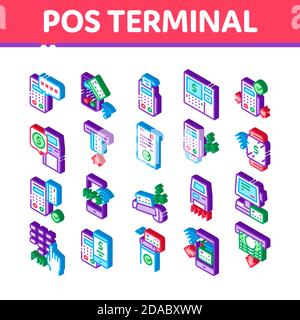 Pos-Terminal Gerät Isometrische Symbole Vektor Setzen Stock Vektor