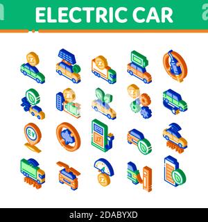 Elektroauto Transport Isometrische Symbole Set Vektor Stock Vektor