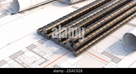 Verstärkung Stahlstangen, Metall runden rebars Stäbe Stapel auf Projekt Bau Blaupausen Hintergrund. Stahlbetonmaterial. 3d-Illustration Stockfoto