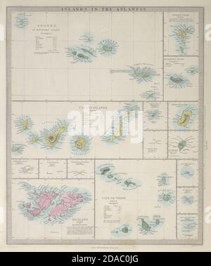 ATLANTIK INSELN Kap Verde Azoren Färöer Madeira Kanarische Falkland SDUK 1857 Karte Stockfoto