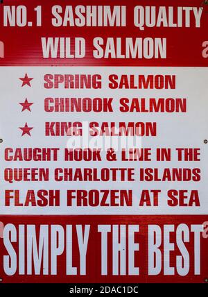 Schild gesehen auf dem Steveston Fischmarkt in British Columbia Kanada Stockfoto