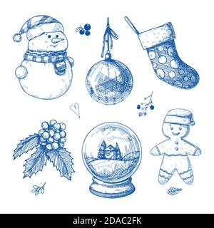Weihnachtsset. Verschiedene weihnachtliche Elemente auf weißem Hintergrund. Skizze, Vektor Stock Vektor