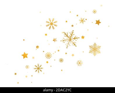 Goldene Schneeflocken mit Sternen Grenze. Langes Banner zur Feier. Glitter Gold Schneeflocken und Schnee auf weißem Hintergrund. Frohe Weihnachten und ein glückliches neues Jahr Stock Vektor