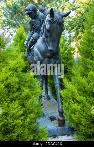 Pferd und Jockey Bronzestatue im Palmerstown House, Johnstown, County Kildare, Irland Stockfoto