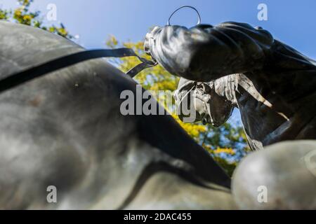 Pferd und Jockey Bronzestatue im Palmerstown House, Johnstown, County Kildare, Irland Stockfoto