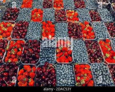 Früchte schöne diagonale Layout Hintergrund in Kunststoff-Boxen Körbe, Draufsicht auf Sommer Bio-Lebensmittel - Erdbeeren, Heidelbeeren, süße Kirschen an Stockfoto