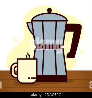 italienische Kaffeemaschine und Kaffeetasse Symbol auf weißem Hintergrund, Linie und füllen Stil, Vektor-Illustration Stock Vektor