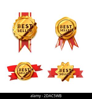 Set von leuchtend goldenen Abzeichen mit rotem Band, glänzende Bestseller-Symbole auf weiß Stock Vektor